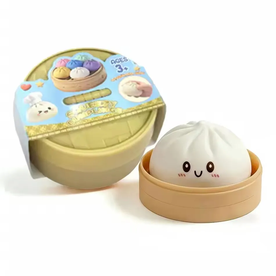 Simulierter Knödel-Squishy: Weicher, elastischer Stressball mit Bambus-Dampfgarer-Box – Anti-Stress-Spielzeug für kreative Geschenke