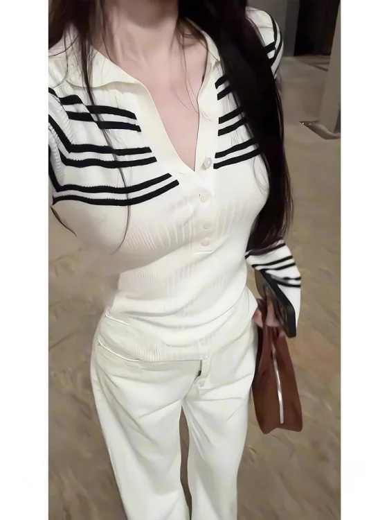 Farbblock Gestreifter Strick-Langarm-Pullover für Damen, Herbstmode 2025, Neu mit Offenem Kragen, Hochwertiges Gefühl