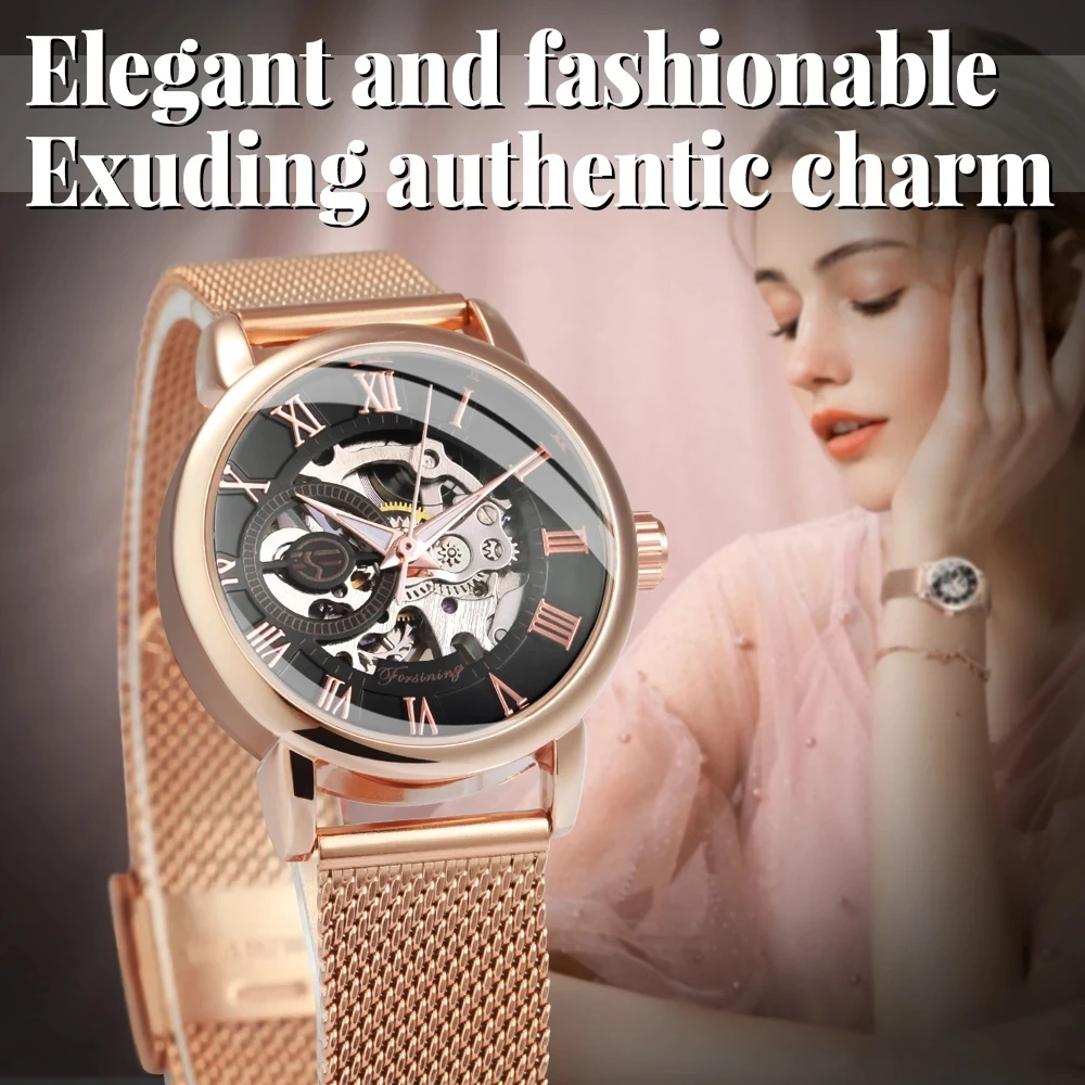 Forsining 99 Fashion Elegant Skeleton Watch for Women New Luxury Factory Mechanical Wristwatches Rose Golden Lady Watches