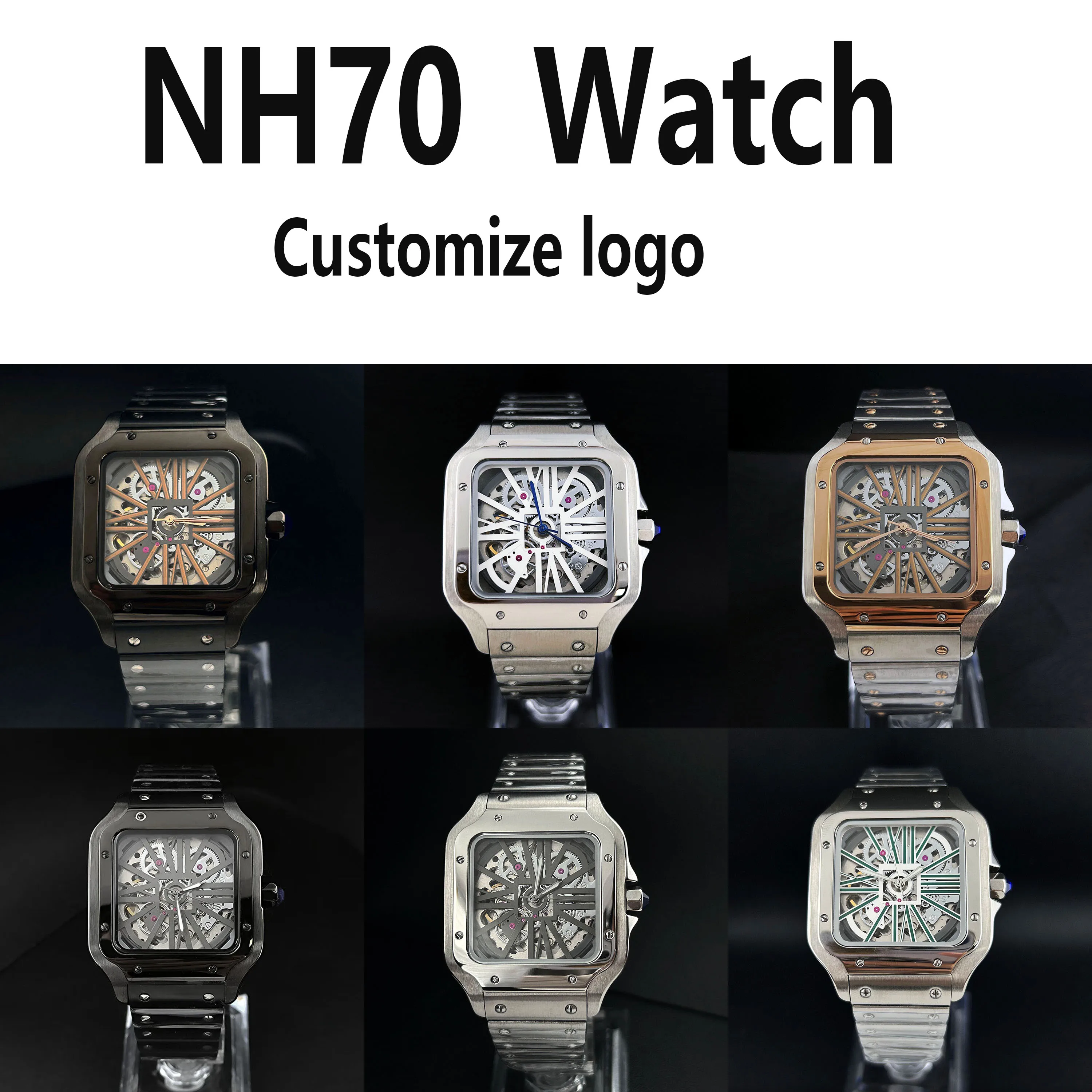 NH70 watch square watch men's watch stainless steel automatic mechanical watch hollow dial NH70 movement sapphire glass