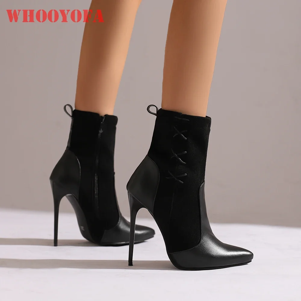 

New Spring Glamour Black Purple Women Mid Calf Boots Pointed Toe High Heels Lady Dress Shoes Plus Big Size 11 43 45 48