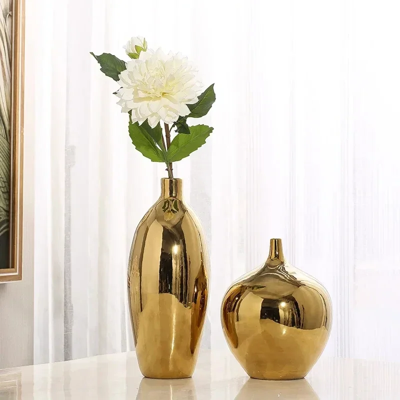 Large Gold Ceramic Vase European Simple Modern Table Flower Vase Living Room Decoration Floreros Luxury Interior Antiques AA50VA