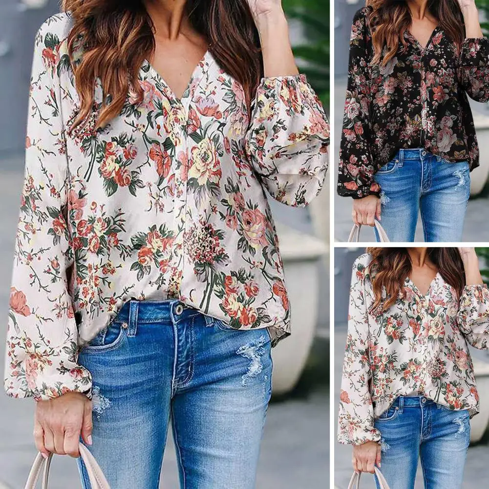 Camisa con estampado Floral para mujer, Top bohemio de manga larga con cuello en V, camisa elegante suave de longitud media para primavera