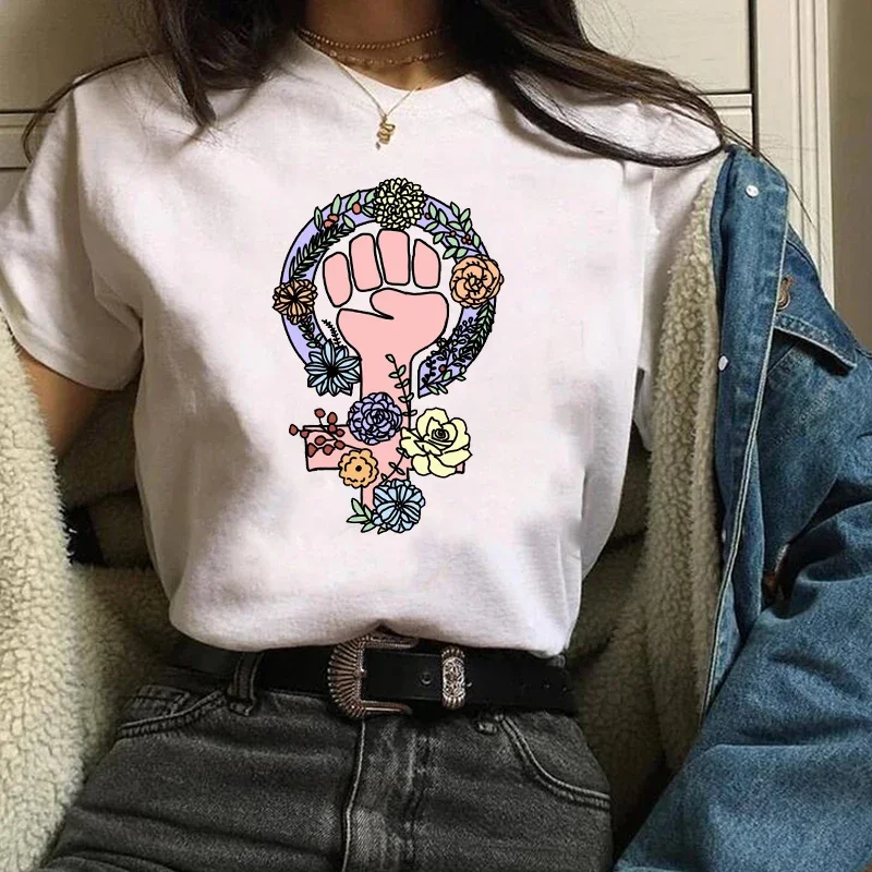 T-Shirt Women Girl Power Hand Flower Feminist Short Sleeve Tees Tops Graphic Female Ladies Womens