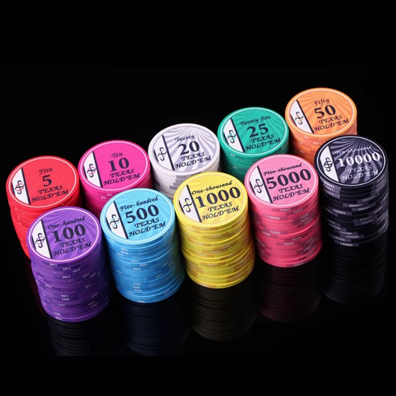 10pcs 43mm Texas Hold'em Ceramic Poker Chips, Professional with Face Value, Mahjong Chip Coins Board Game Table Games