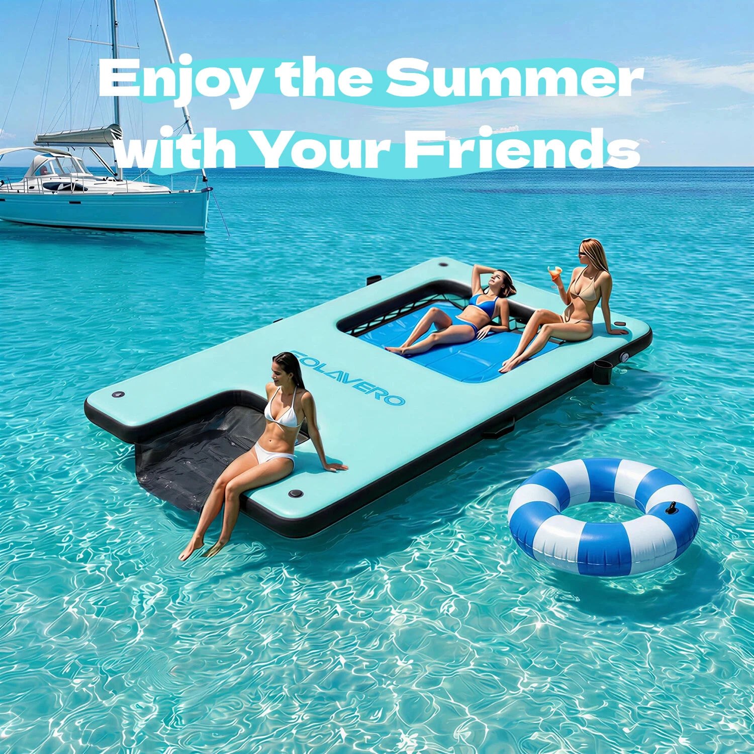 Inflatable Floating Dock, Portable Inflatable Platform With Cupholder, Repair Kit & Carry Bag, Heavy Duty Pool Float Raft for Swimming, Lake, Pool, Beach