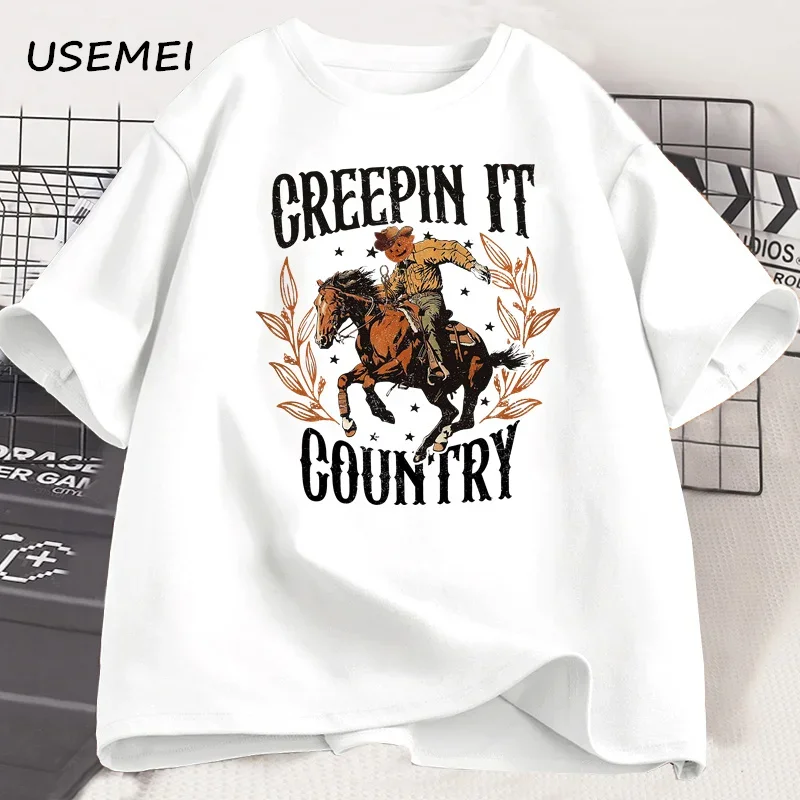 Creepin It Country Western Halloween Tshirt Men Western Pumpkin Country T-shirt Cotton Casual Short Sleeve Tees Oversized Tops