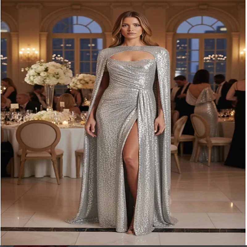 Langes Abendkleid mit Pailletten für Damen, grün, elegante Partykleider 2025, langes Damen-Abschlussballkleid, individuell gestaltet mit Kappe