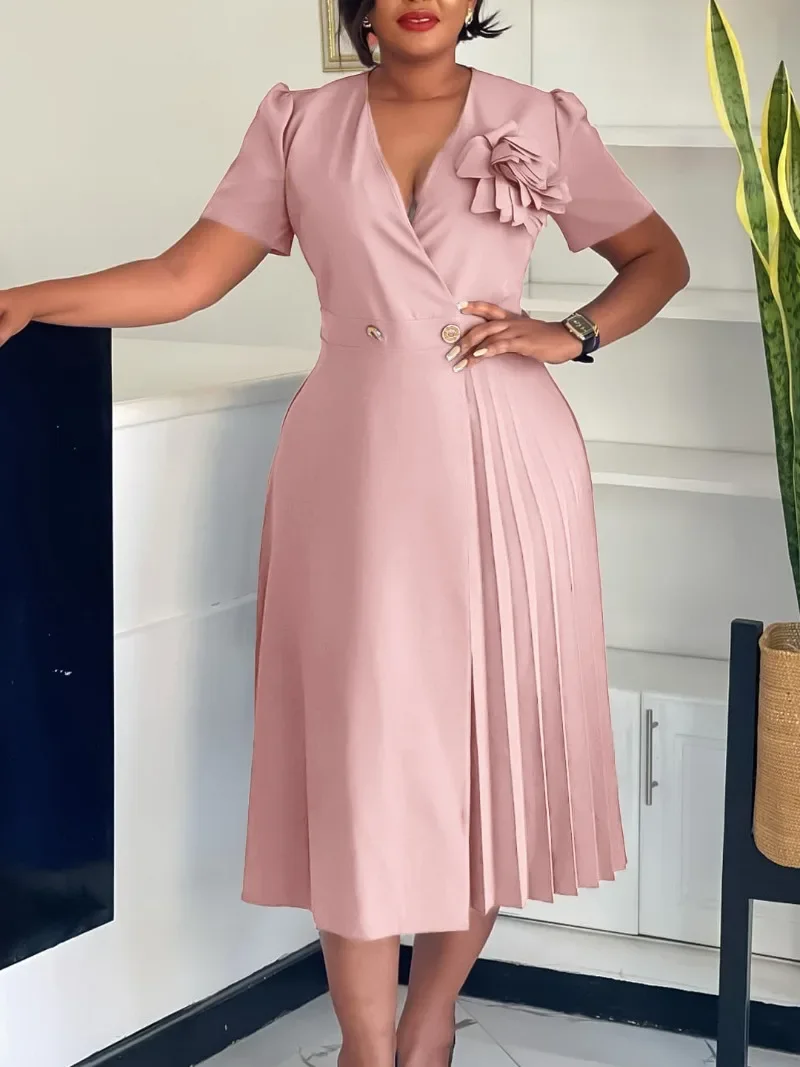 

Однотонное плиссированное платье с V-образным вырезом и коротким рукавом с 3D цветочными деталями Элегантные уникальные платья для выпускного вечера Длинные летние платья для женщин