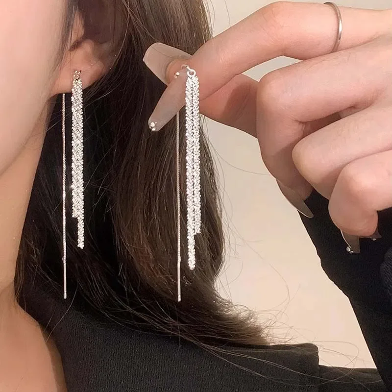 Classic Fashion Long Tassels Shiny Silver Color Drop Dangle Earrings for Women Luxury Wedding Bride Korea Earring Jewelry Gifts