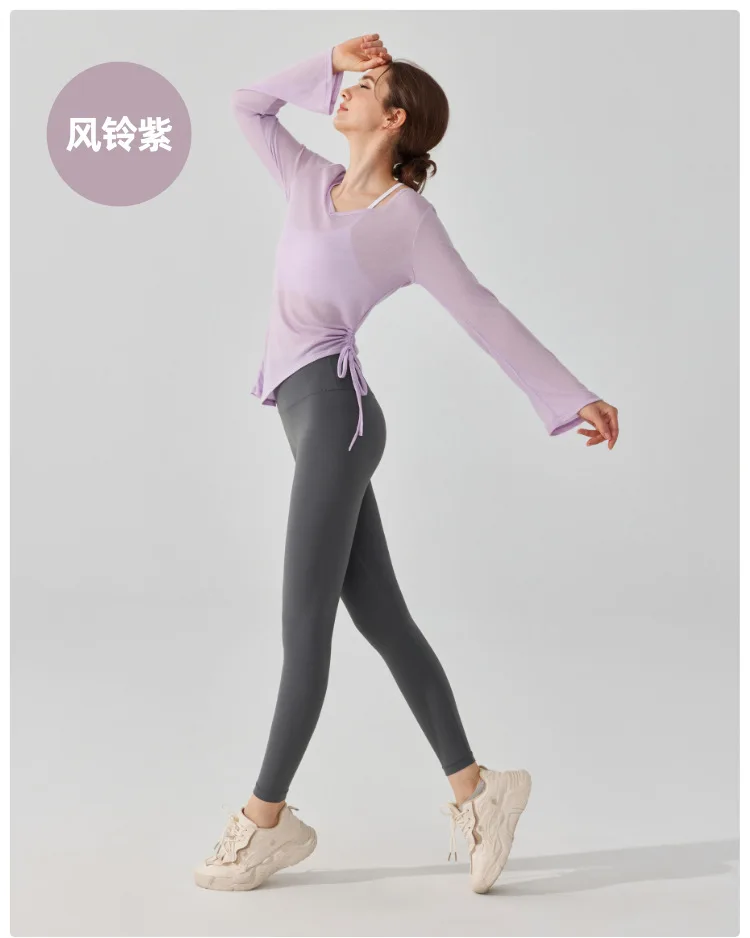 Sporttop mit Kordelzug und Falten für Damen, locker geschnitten, langärmelig, hüftbedeckend, unregelmäßiger Schnitt, geeignet für Pilates, Fitness und Yoga. – Detail 10