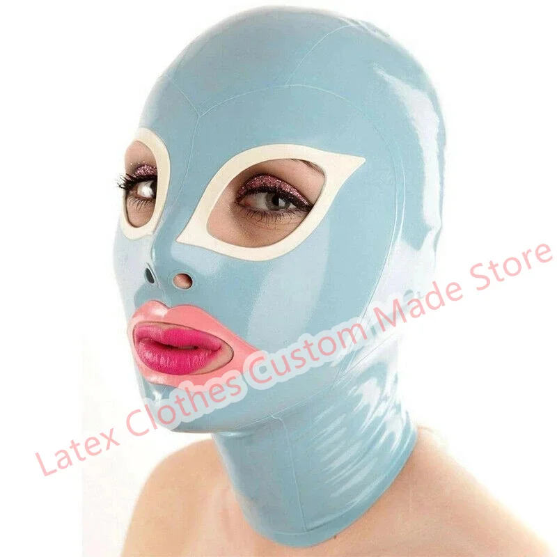 Latex Hood Back Zipper Rubber Mask with White Trim Sexy Fetish Cosplay Halloween Costumes for Men Women