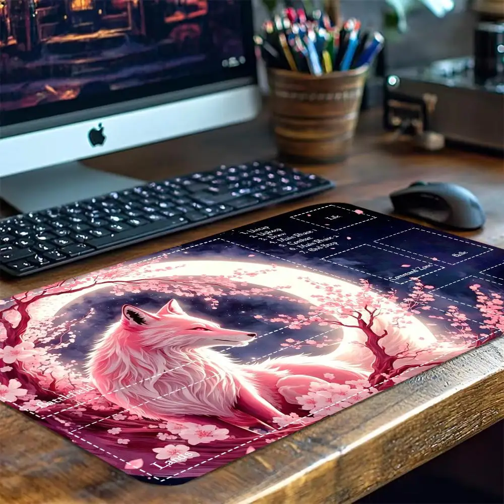 Nine‑Tailed Fox Extended Game Playmat Non‑Slip Table Surface Sakura Fantasy Creature Art Print For Trading And Board Game