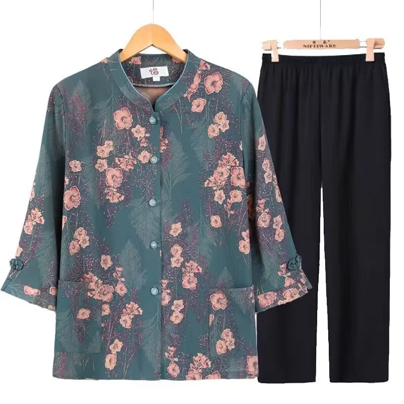 Grandma Costume Summer Attire Cardigan Seven Points Sleeve Shirt Pant Set Middle Aged Elderly Mothers Thin Style Blouse Pant Set