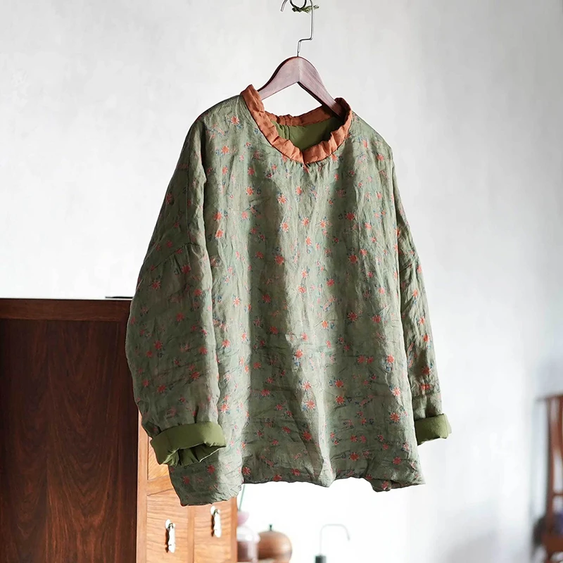 

Women Cotton Linen Casual Pullovers New Arrival 2025 Autumn Vintage Style Floral Print Loose Female Thick Warm Coats M2064