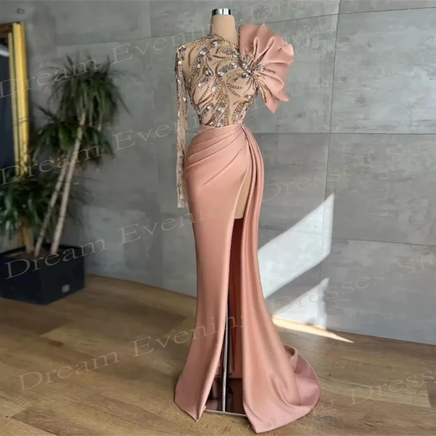 Graceful Mermaid Stain Evening Dresses Charming One Shoulder Appliques Prom Gowns Side Split Beaded Customized Vestidos De Festa