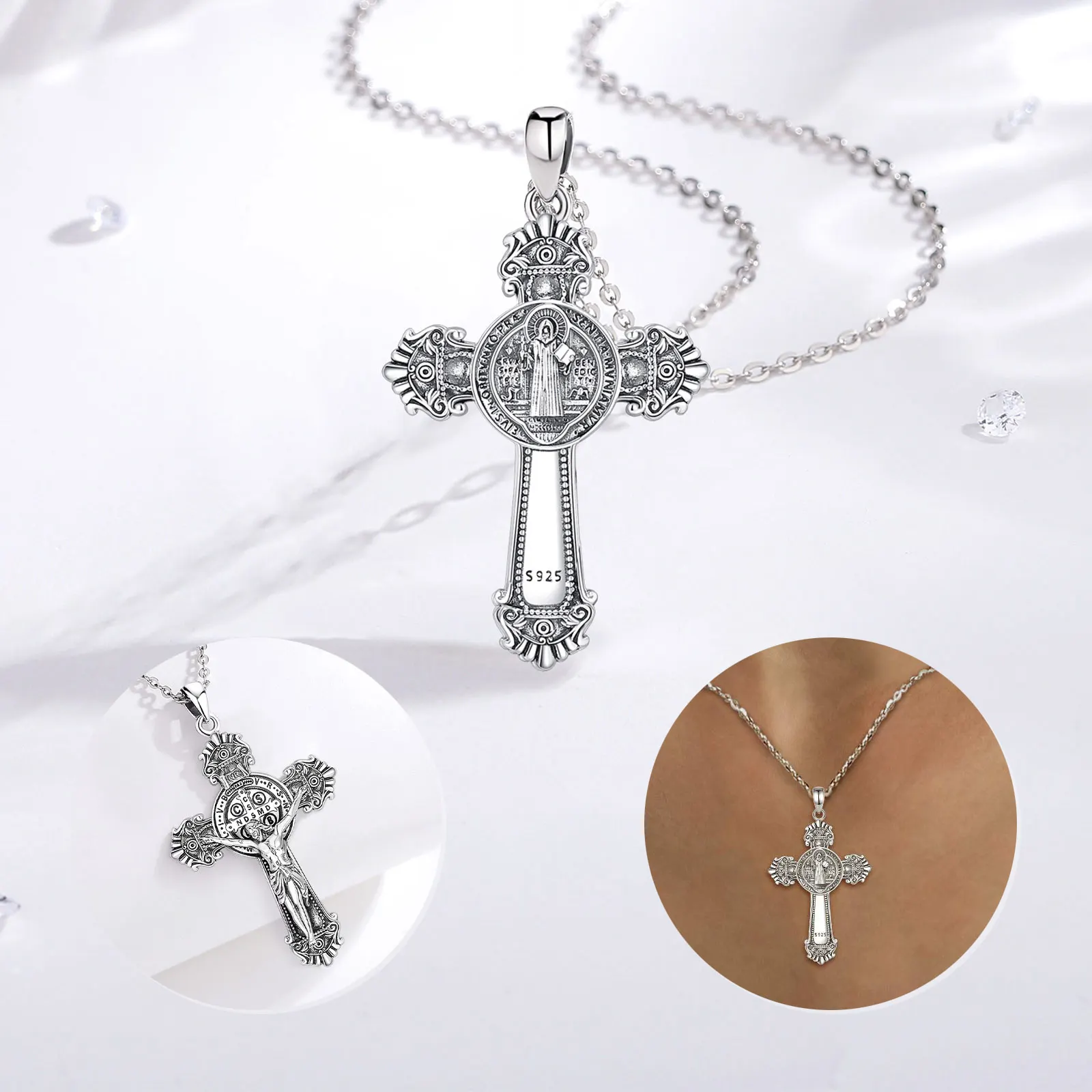 Imagem -03 - Sterling Silver Saint Benedict Amuleto Colar Jesus Cruz Pingente Jóias Religiosas Presentes Vintage Finos para Homens e Mulheres Eudora-925