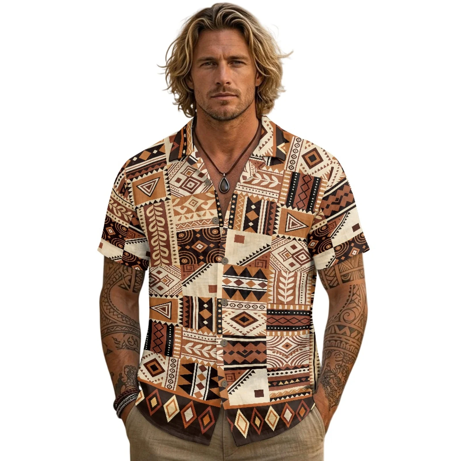 PENSTROLL Geometric Patchwork Linen Like Men's Top Lapel Button Down for Male With Pocket Short Sleeved T-shirt