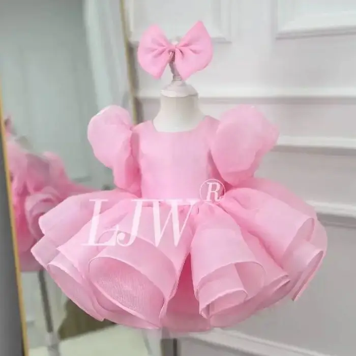 Luxury Dress Party Big Butterfly Girl Cost  Lovely Kids Birthday Gowns Toddler Pageant Dress  Bubble Sleeves Pink satin Party C