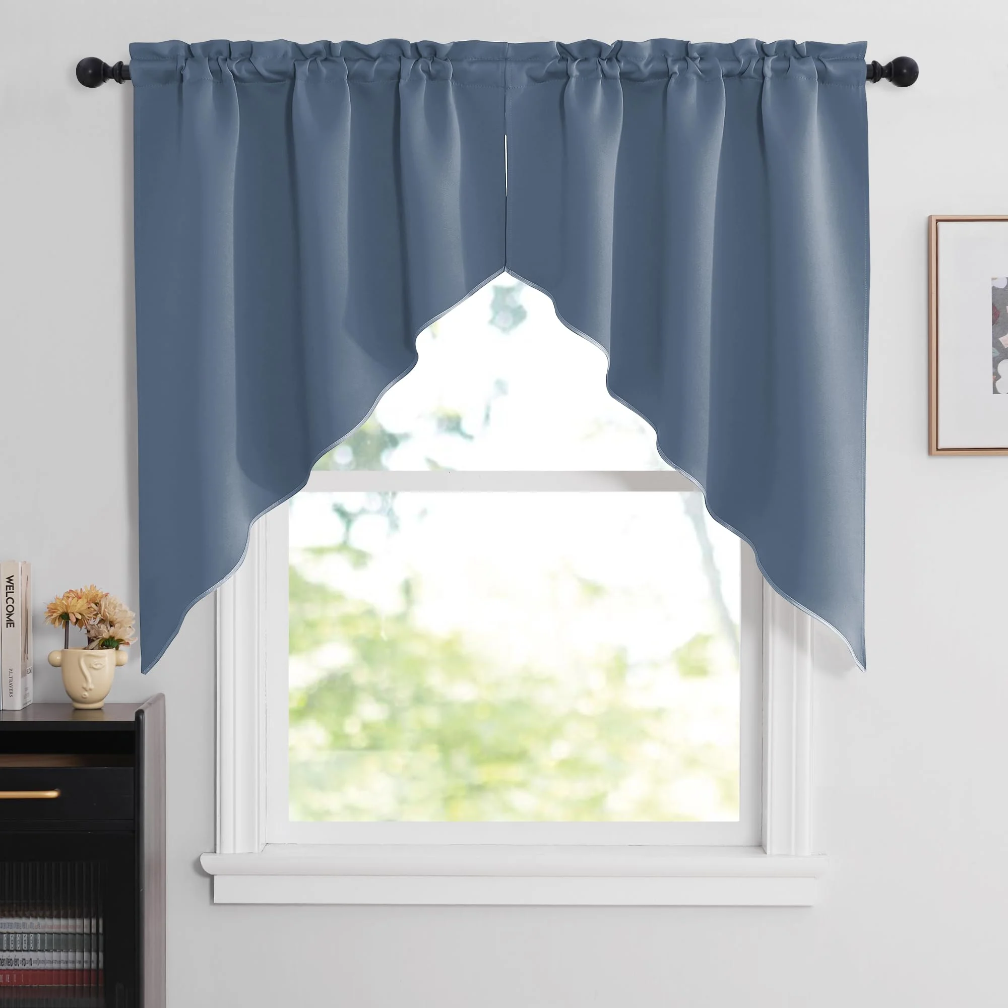 Blackout Swag Curtain Valances Rod Pocket Farmhouse Energy Saving Small Window Tiers Set of 2, Stone Blue, Window Treatment