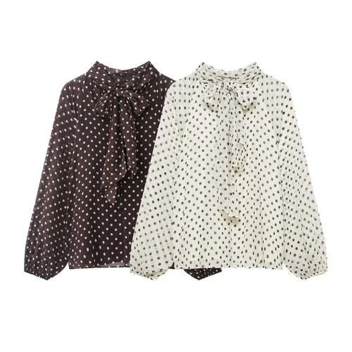 Imagen 2 del producto Blusa de Mujer con Estampado de Lunares, Camisa de Moda Primavera Otoño, Manga Larga, Lazo, Blusa con Cordones, Blusa Elegante para Mujer, Blusas de Alta Costura