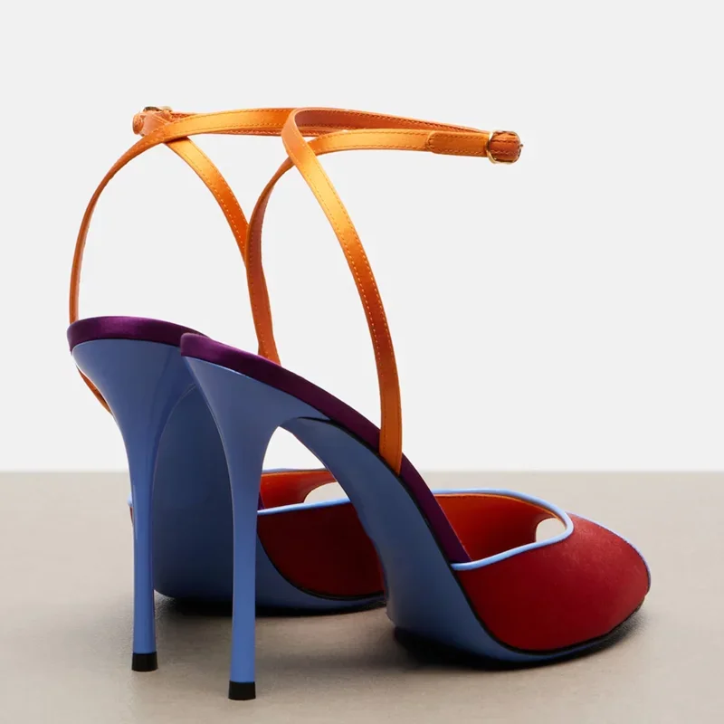 Satin Mixed Colors Peep Toe Sandals Sexy Round Toe Thin Heel Back Straps Customized New Arrivals Fashion Women Modern Shoes - view 2