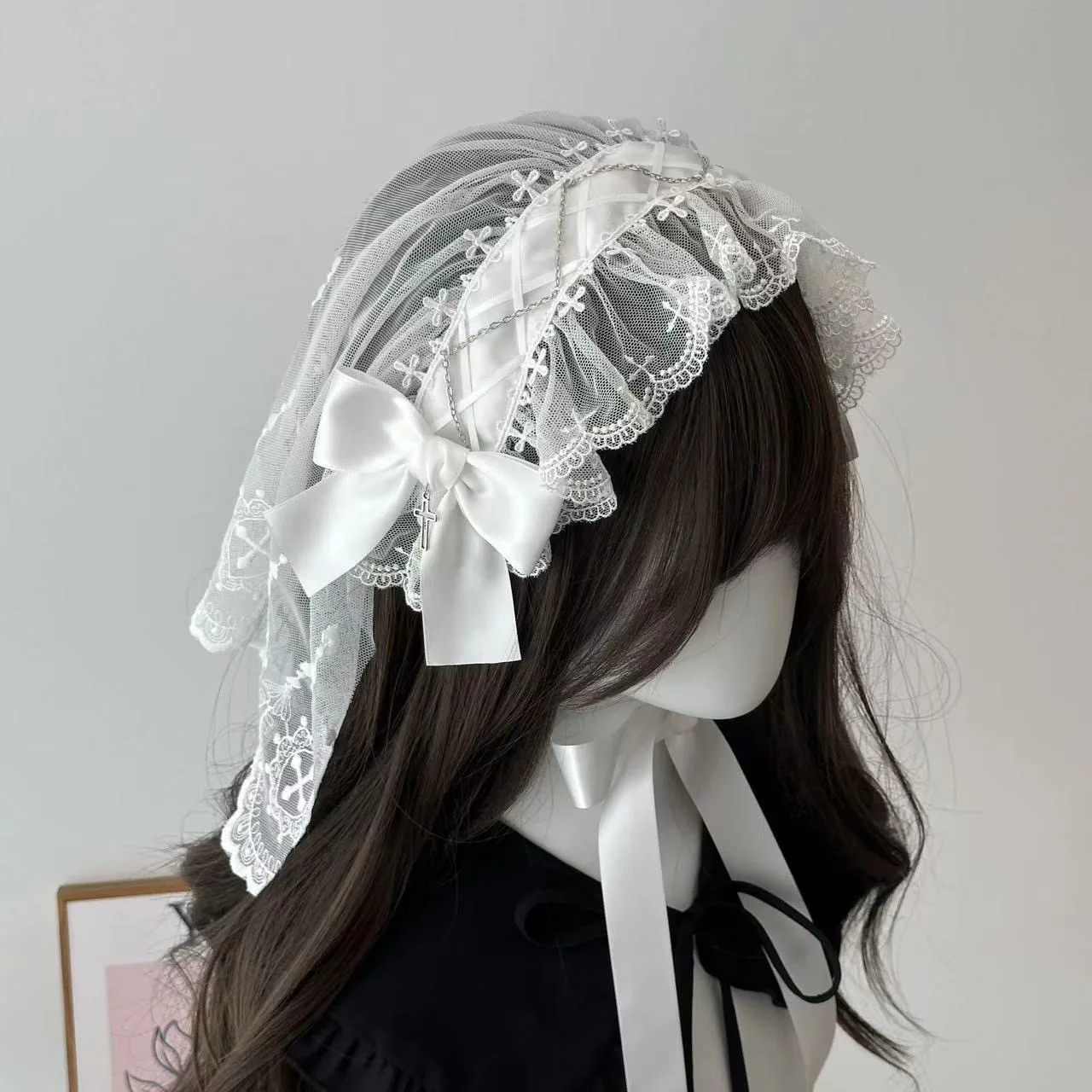 Sous-culture gothique croix blanc voile arc dentelle bandeau nonne Cosplay Anime femme de chambre cheveux accessoires