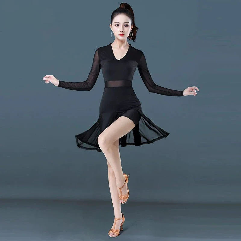 

Latin Dance Clothing Professional High-grade Training Dress Female Adult Gauze Sexy Dress Autumn Long Sleeve Costume Dance Wear