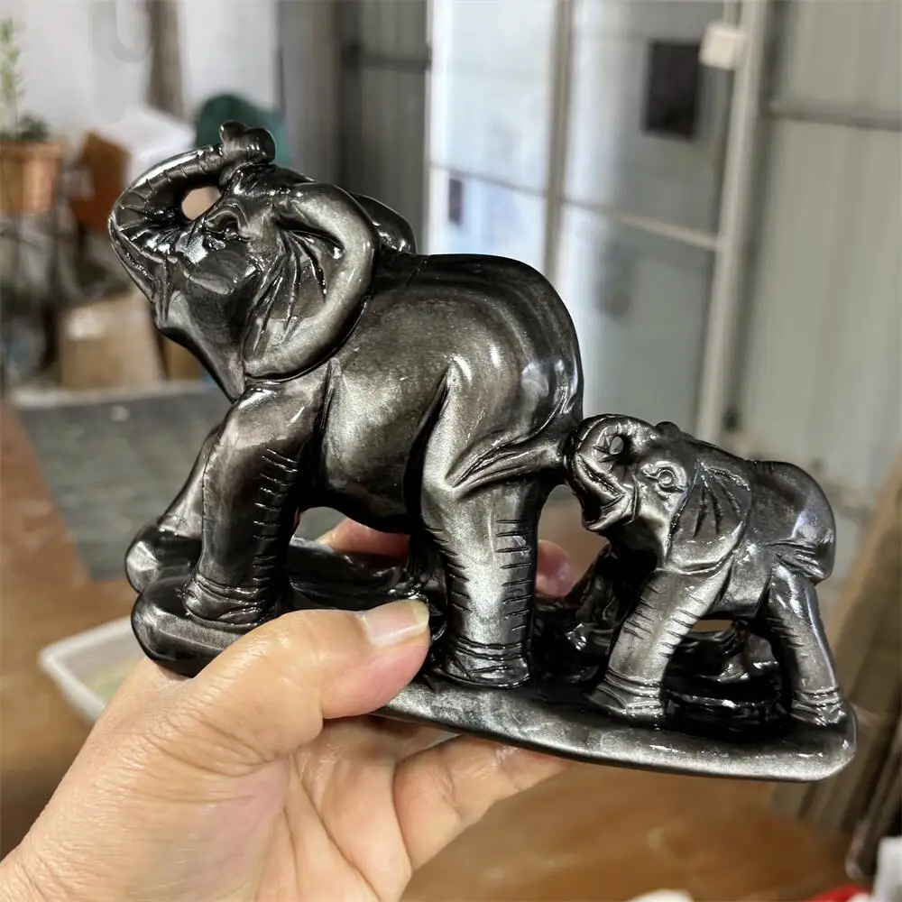 Mother And Baby Silver Obsidian Elephant Carving Polished Healing Crystal Animal Figurine Home Decor Crystal Craft