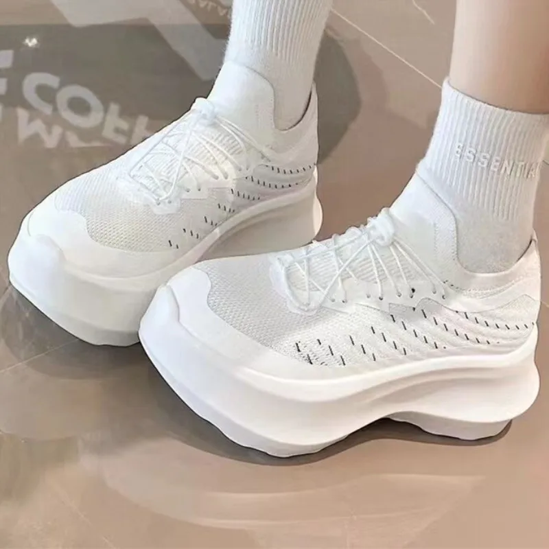 

Women's Chunky Sole Knit Trainers Platform Height Boosting Mesh Upper Breathable Sports Casual Shoes Soft Anti-Slip Laces