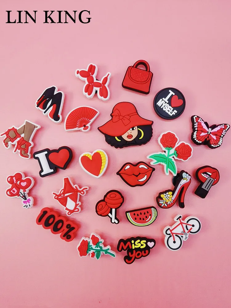 디자인 빨간 신발 참 장식 도매, 대량 신발 버클 액세서리, 재미있는 패턴 나막신 장식, 여성 크록스 청바지, 어린이 선물 