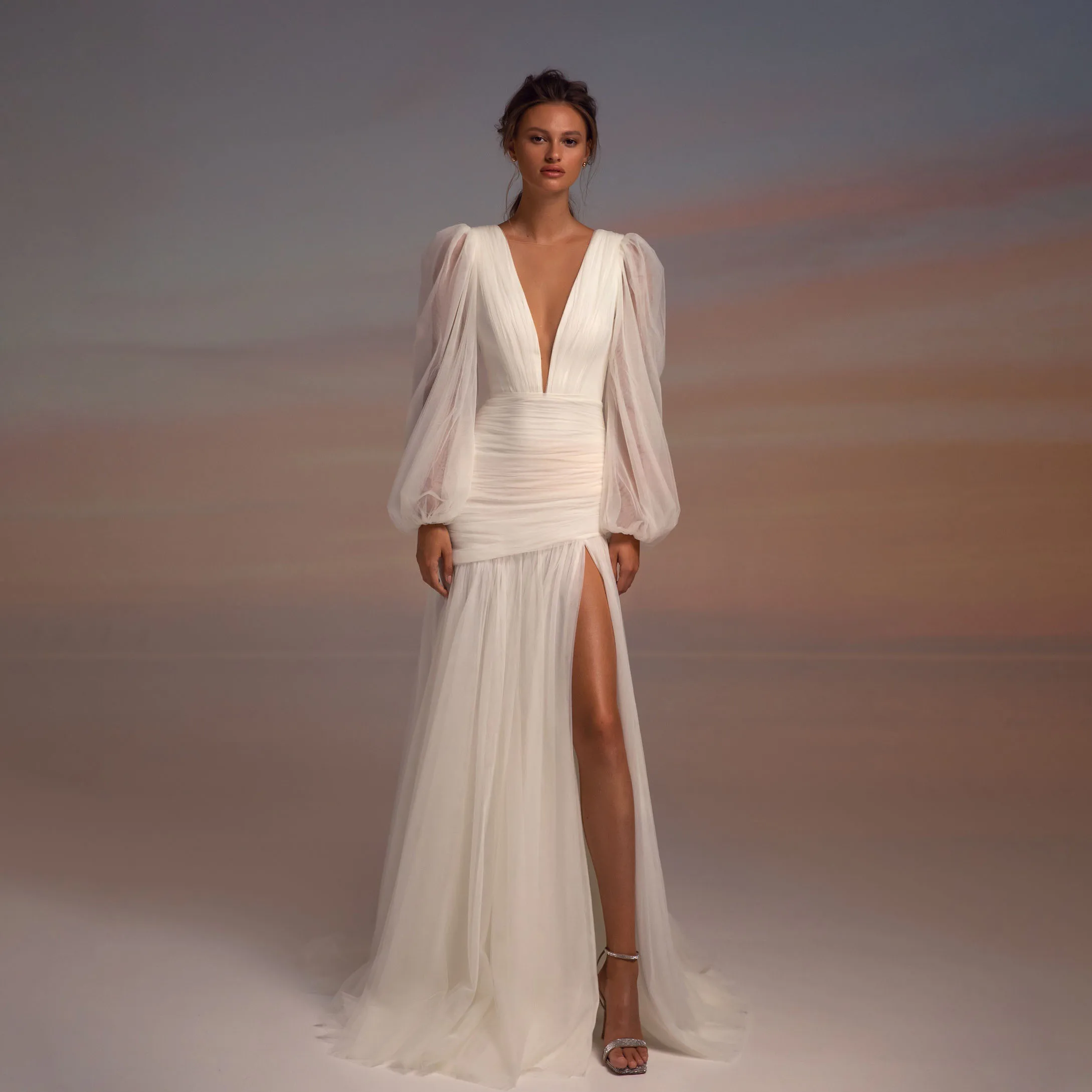 

Customized Backless Wedding Dress V-neck Long Sleeve For Women Charming Ruffles High Split Bridal Gown Vestidos De Novia