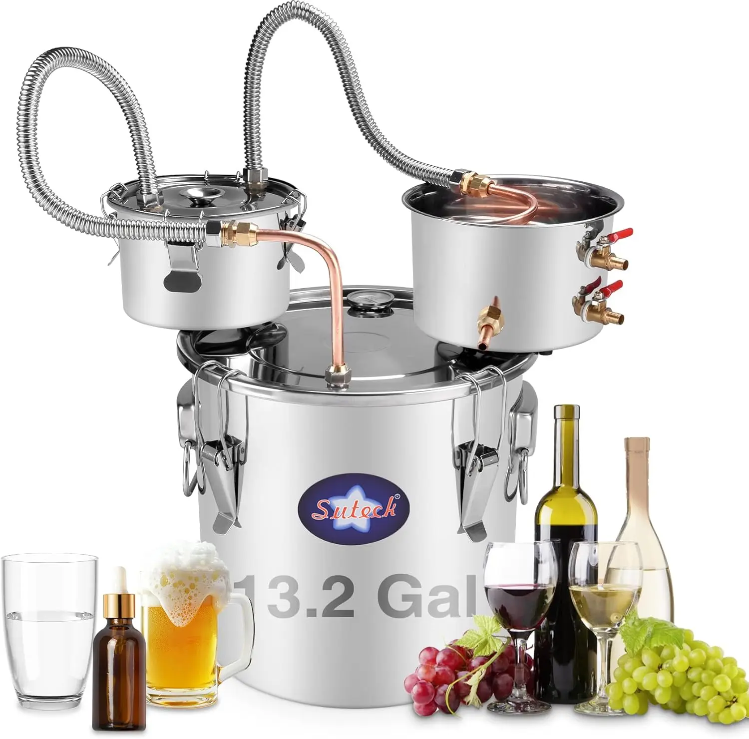 

13.2Gal 50L Stainless Steel Alcohol Distiller with Copper Tube, Thumper Keg & Thermometer for Home Brewing Whisky Wine Brandy