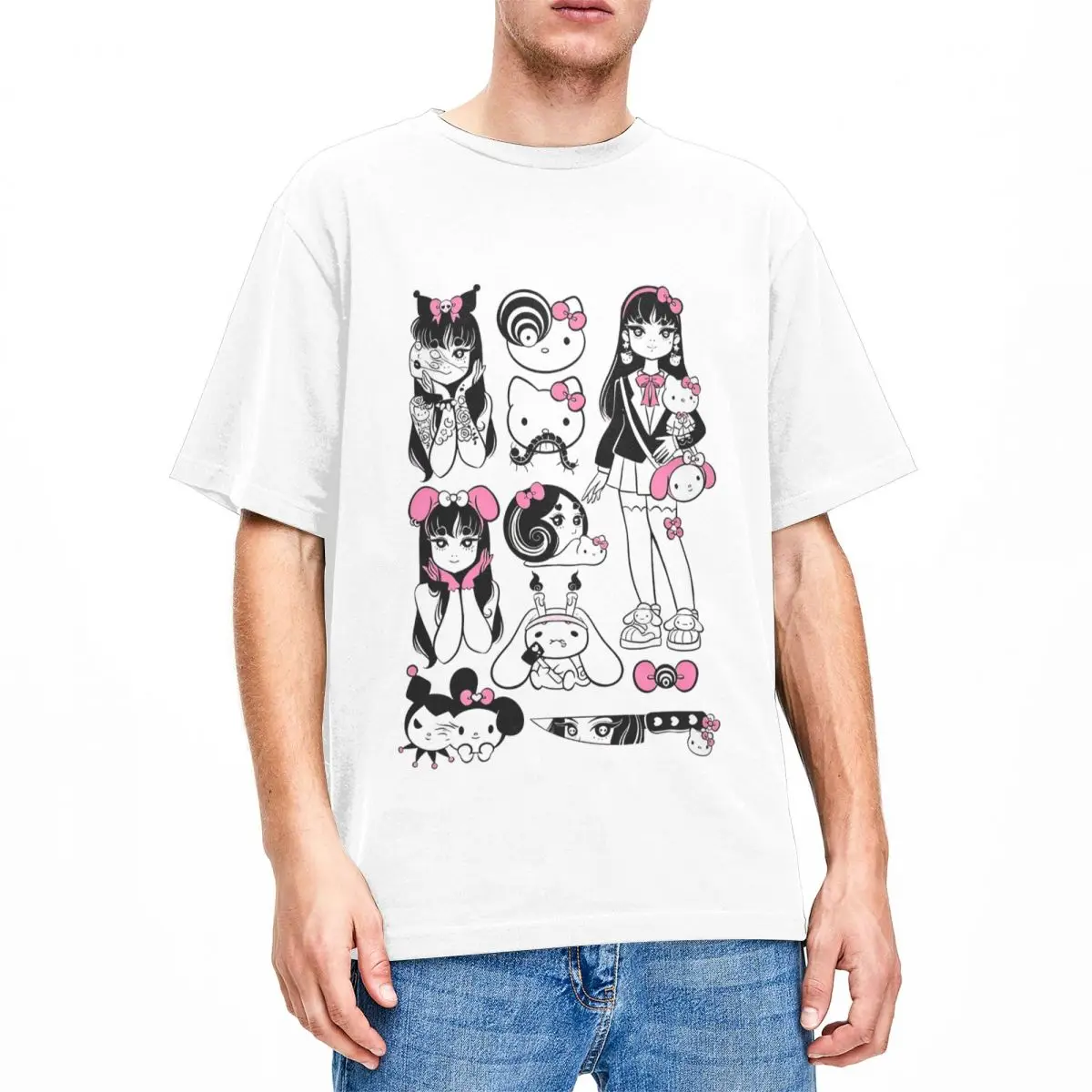 Junji Ito Tomie X Hello Kitty T-Shirt Trend T-Shirts Short Sleeve Streetwear Tshirt Summer Cotton O-Neck Plus Size 5XL Clothes