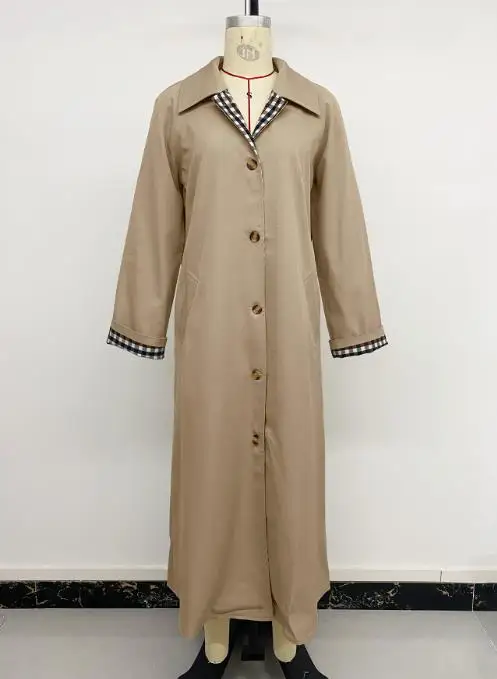 

Woman Trench Coat 2025 Spring Autumn New Casual Commuter Plaid Splicing Turn-Down Collar Long Sleeve Long Windbreaker Jacket