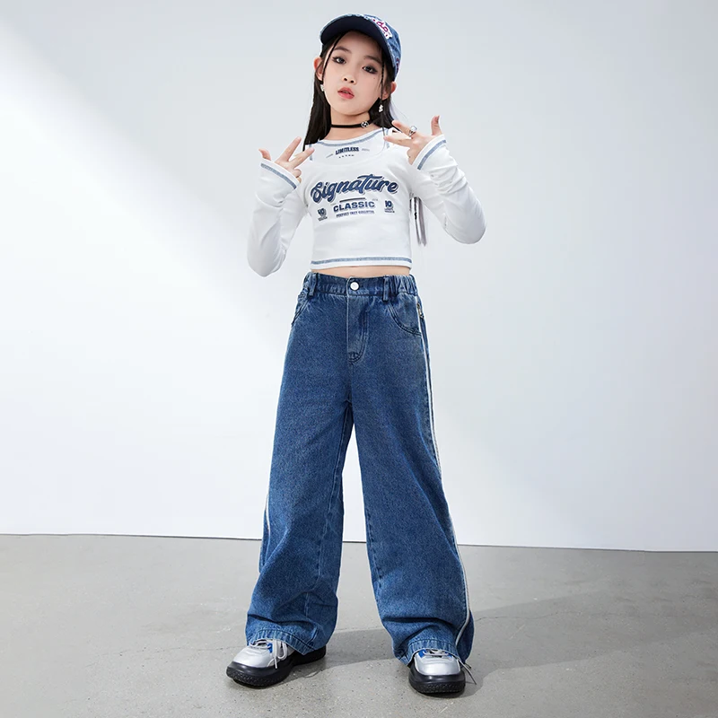 Kinder Kpop Hip Hop Kleidung Ernte Sweatshirt Tops Denim Casual Cargo Jogger Hose für Mädchen Jazz Tanz Kostüm Teen Street Kleidung