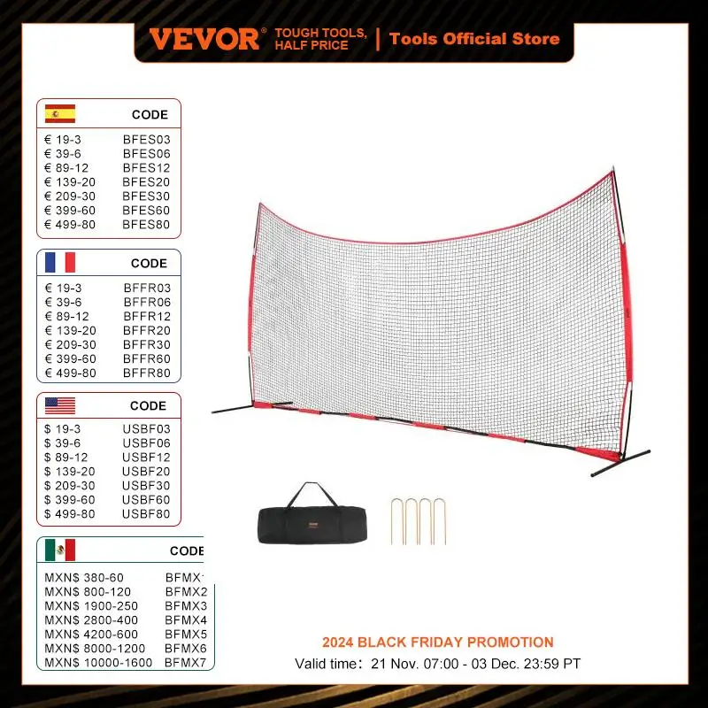 VEVOR Barricade Backstop Net Ball Sport Barrier Netting Portable Practice Equipment with Carry Bag Protect Screen for Training