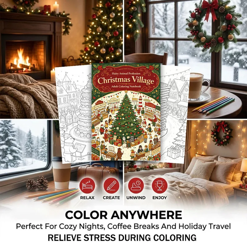 Christmas Plush Town Coloring Book, Adult Stress Relief Coloring Pages, Single-Sided No Bleed Anti-Transparent Art Drawing Book