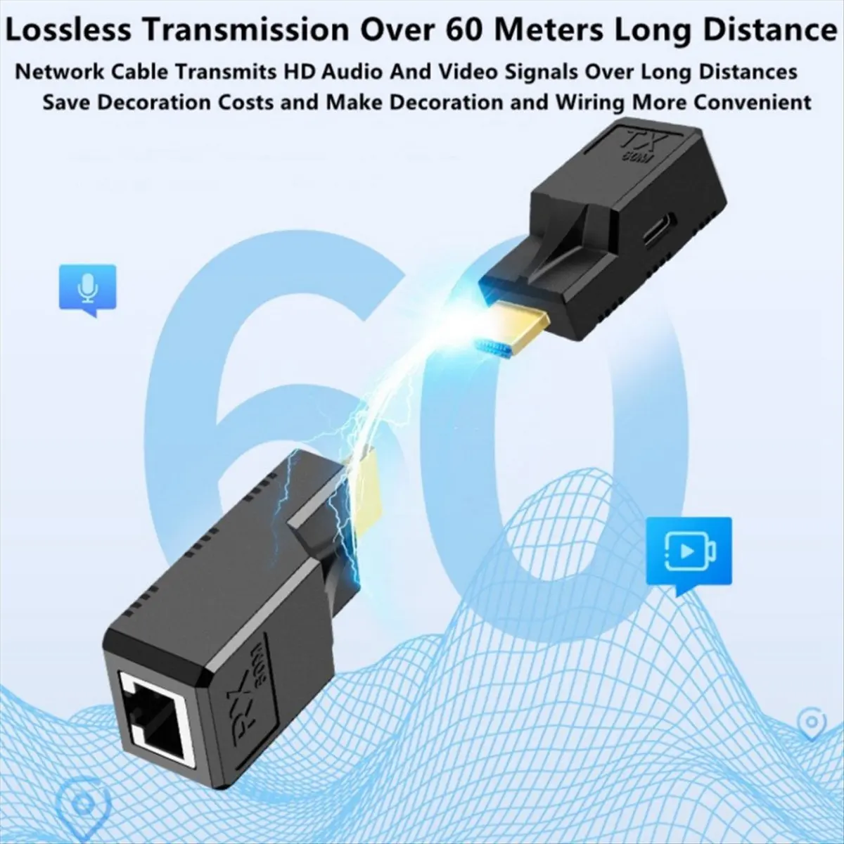 SWXF 1080P 60Hz HD Extender RJ45 Ports Network 60M HD to RJ45 over CAT5e/6/7 UTP LAN Extender Adapter for PC Loptop HDTV