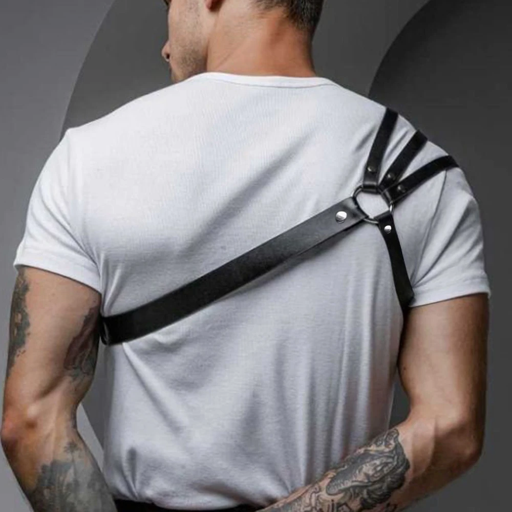 One Shoulder Men\'s Harness PU Leather Gay Men Chest Harness Bondage Black Leather Men Accessories Upper Erotic Body Men Harness