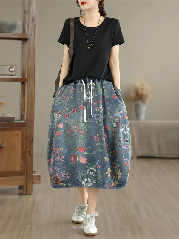 

Loose Fit Elastic Waist Denim Skirt Women's Spring Summer New Style Artistic Retro Print Patchwork Mid-Length A-Line Skirt