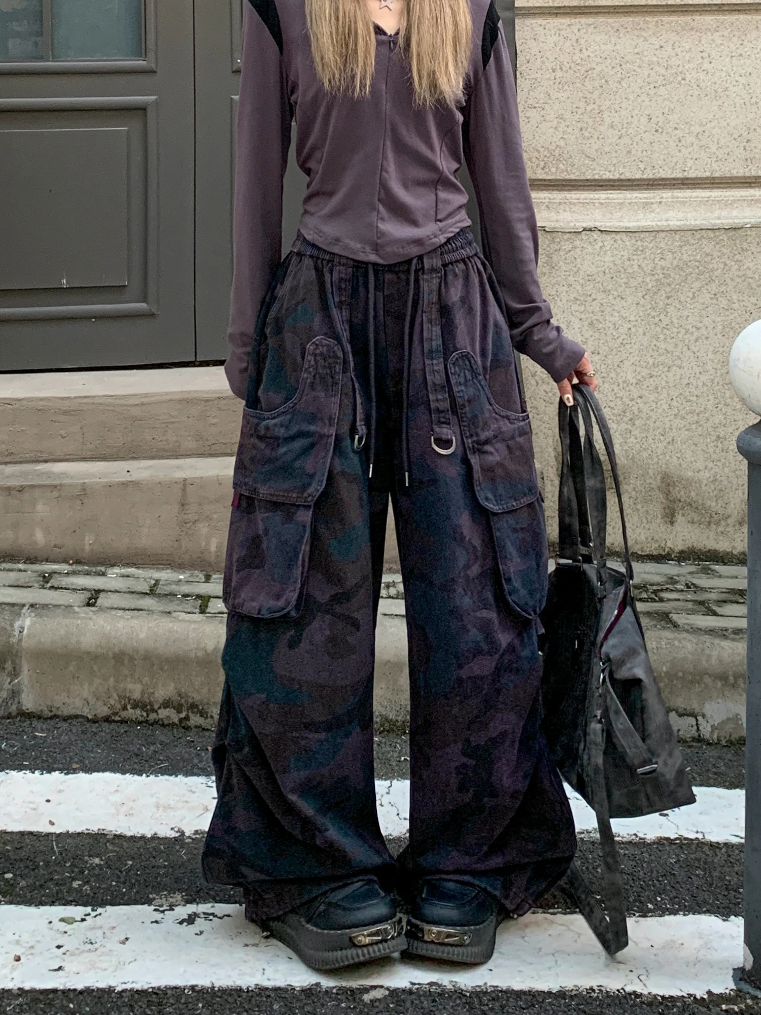 

Cool Streetwear Camouflage Work Pants Women's Loose Waed Dance Long Trousers Casual Cotton l Waist Dstring