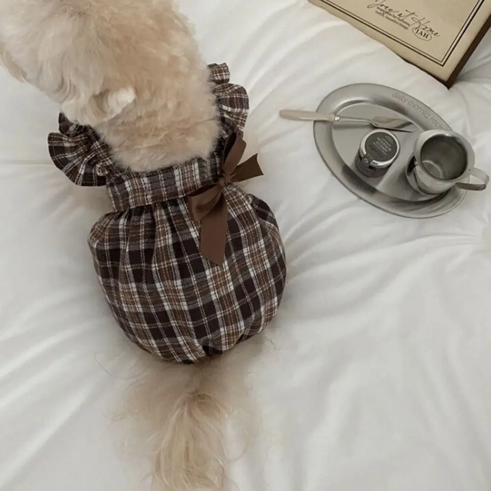 

Retro Pet Plaid Strap Skirt Soft Thin Design Cat Plaid Pleated Shirt Breathable Flying Sleeve Pet Clothes Four Season