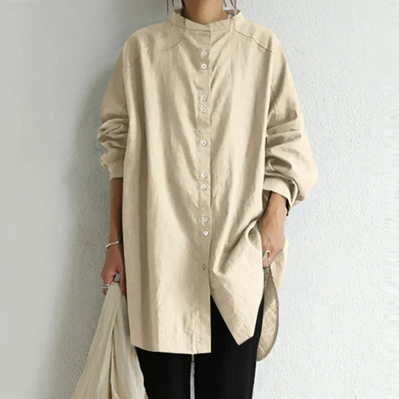 

Autumn Single Breasted Women Long Blouse Vintage Stand Collar Long Sleeve Simple Cotton Linen Shirts New Casual Loose Tops 30009