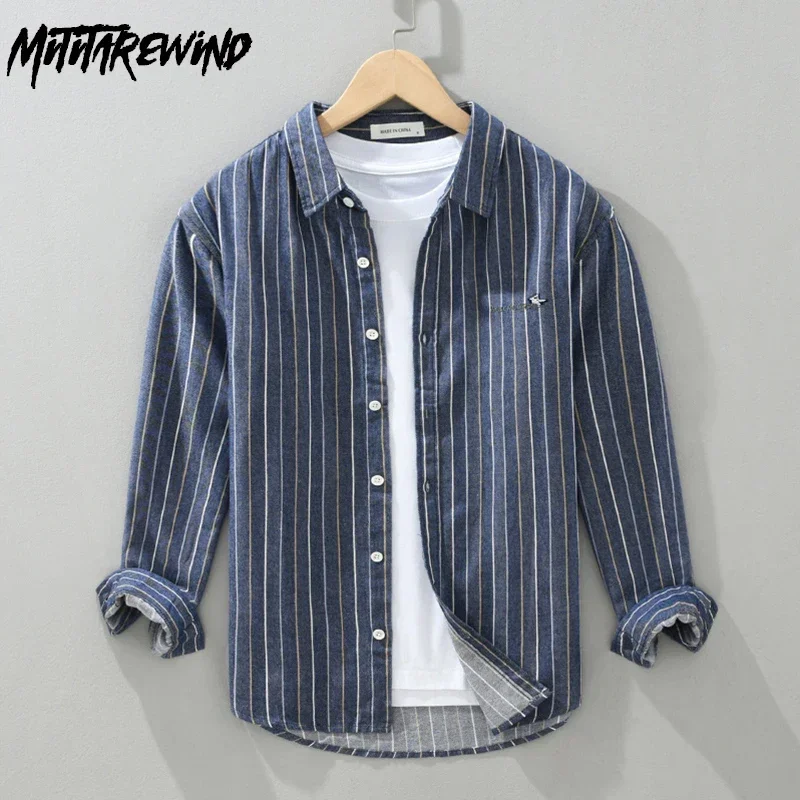 

Японская винтажная полосатая рубашка, мужская повседневная повседневная мужская рубашка с длинным рукавом, рубашка из 100% хлопка с лацканами, свежие топы, весенне-осенняя одежда