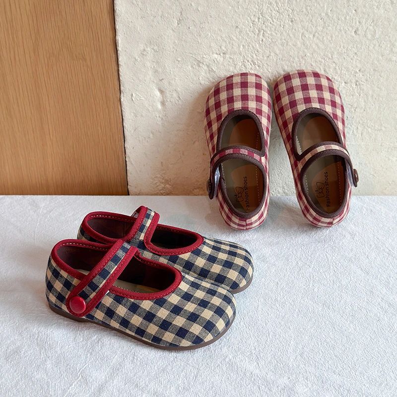 Kleinkind Mädchen Vintage Gingham Karierte Mary Jane Ballerinas, 2 Farben Marineblau Rot Einzelriemen Cottagecore Hochzeit Mädchen Freizeitschuhe – Detail 2