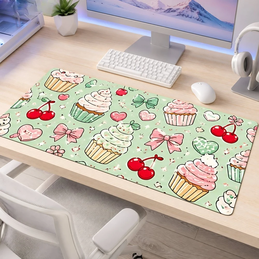 Light green dessert-style cherry bow-shaped heart-shaped candy-themed mouse pad, anti-slip, desk decoration accessory