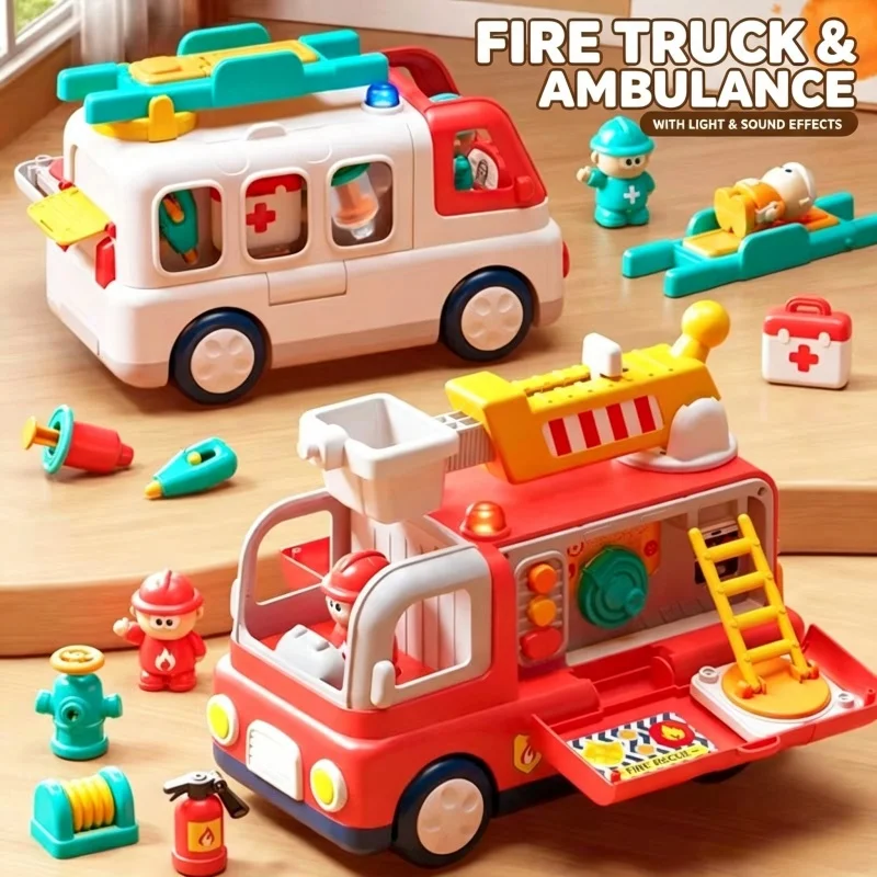 Childrens Multifunctional Ambulance Detachable Fire Truck Lights Simulate Emergency Rescue Inertia Cars Play Toys for Kids Gifts