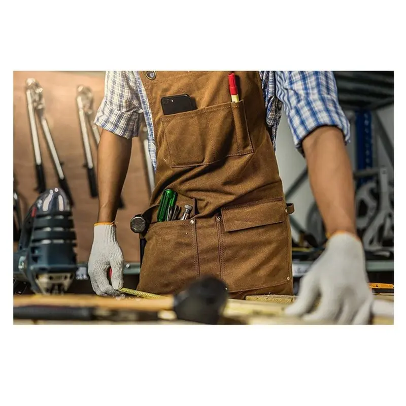 ABLU-Woodworking Apron- 16 Oz Waxed Canvas Work Design With Pockets, Adjustable Strap, Sleeve Cover For Men/Women