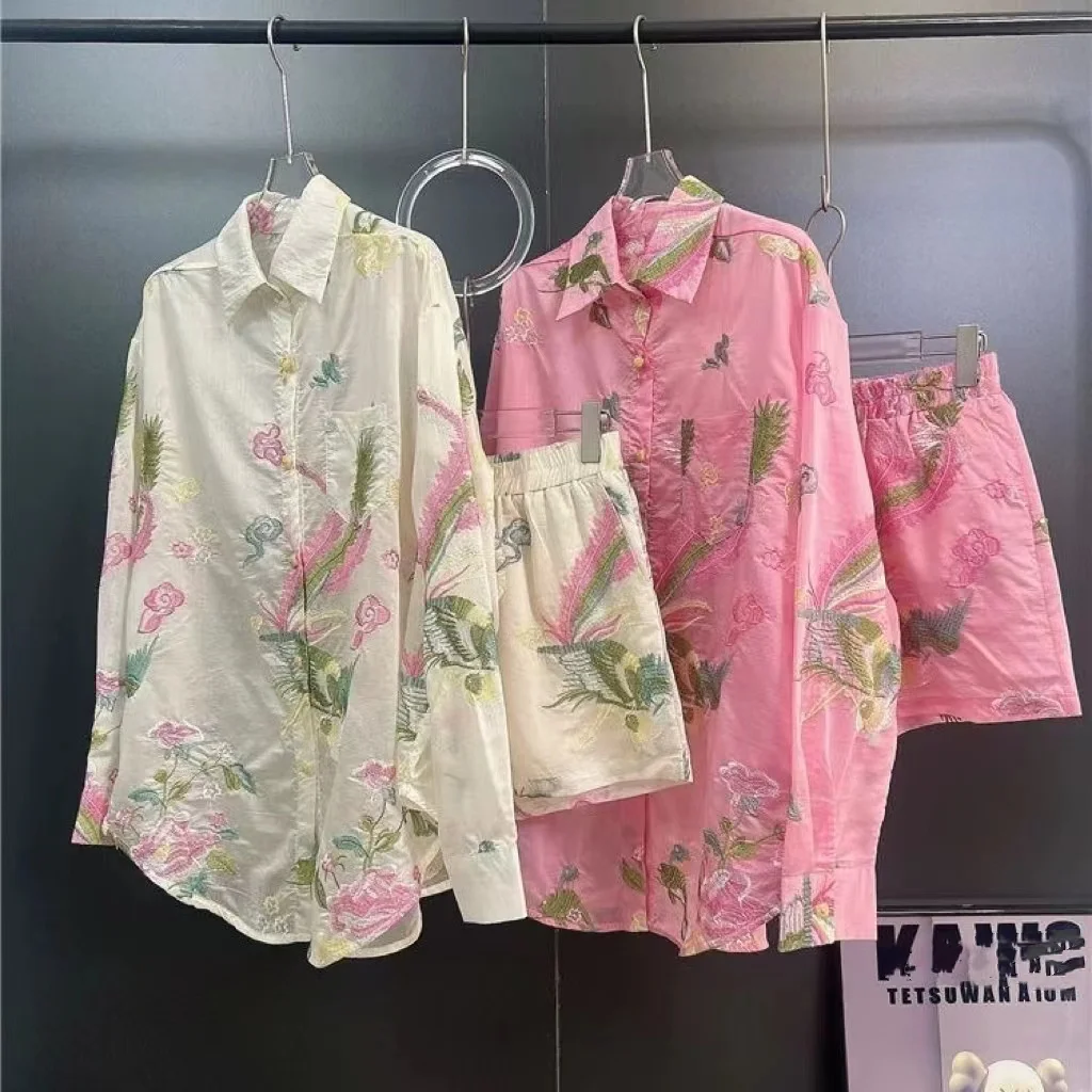 

Luxury Sexy 2pcs Suit Embroidery Long Sleeve Shirts Blouses + Elastic Waist Shorts Set For Women 2024 Summer New In Outfit